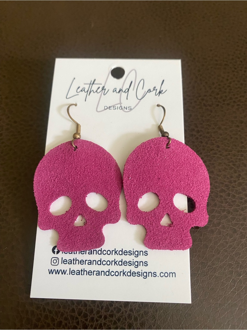 Leather and Cork Design Handmade Leather Hot Pink Skull Earrings